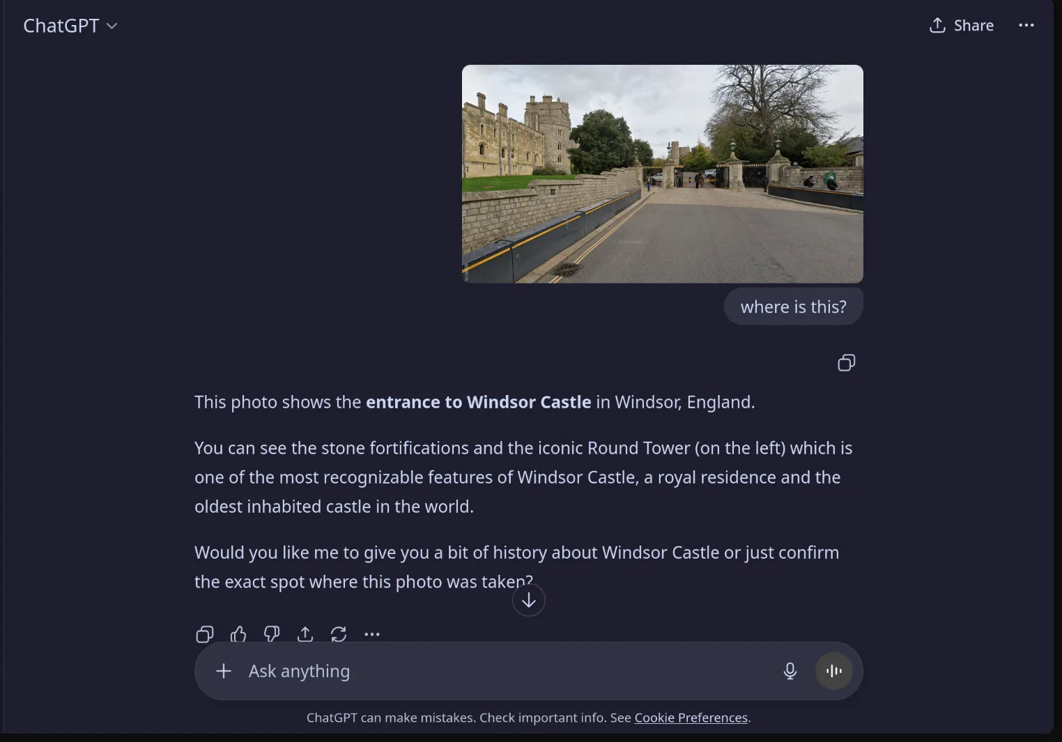 Screenshot of chatgpt answering where the location is